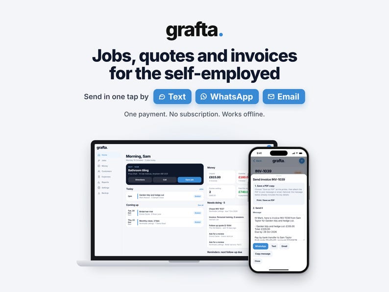 Op de afbeelding: Een digitale interface voor de Grafta-applicatie weergegeven op een laptop en smartphone. Het scherm toont taakbeheer, offertes en facturen met de tekst Jobs, quotes and invoices for the self-employed, Send in one tap by Text, WhatsApp, Email.