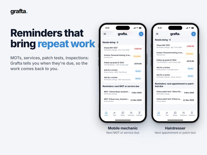 Op de afbeelding: Twee smartphones met de Grafta-app interface. Het linkerscherm toont een dashboard voor mobiele monteurs met onderhoudsherinneringen. Het rechterscherm toont een dashboard voor kappers met afspraak- en testherinneringen.