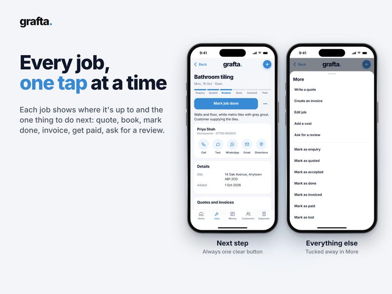 Op de afbeelding: Twee smartphones tonen de interface van de grafta-app. Het linkerscherm toont een badkamertegelklus met een blauwe knop Mark job done. Het rechterscherm toont een More-menu met een lijst met opties voor taakbeheer zoals offerte en factuur.
