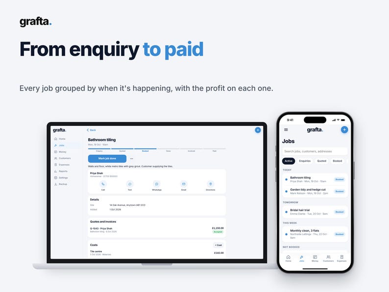 Op de afbeelding: Een laptop en een smartphone met de Grafta-softwareinterface. Het scherm toont de tekst From enquiry to paid, Every job grouped by when it's happening, with the profit on each one en details over taakbeheer.