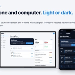 Op de afbeelding: Een digitale interface die de Grafta-app toont op een laptop en een smartphone. Het scherm toont een dashboard met de titel Morning, Sam met takenlijsten, financi&euml;le overzichten en navigatiemenu's in lichte en donkere modus.