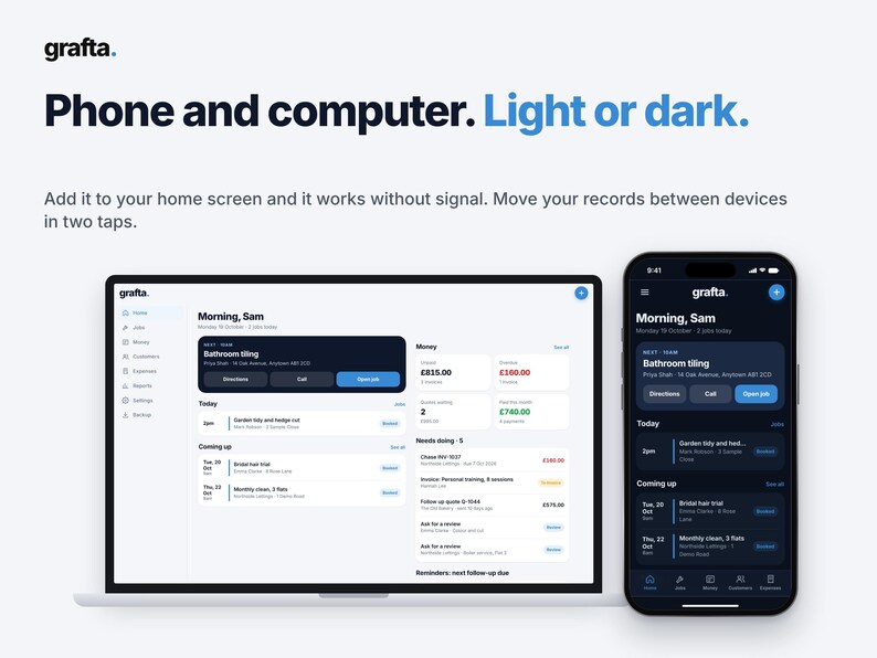 Op de afbeelding: Een digitale interface die de Grafta-app toont op een laptop en een smartphone. Het scherm toont een dashboard met de titel Morning, Sam met takenlijsten, financi&euml;le overzichten en navigatiemenu's in lichte en donkere modus.