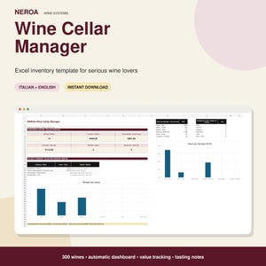 Può includere: Un modello di inventario Excel digitale intitolato NEROA Wine Cellar Manager. L'interfaccia mostra una dashboard con tabelle di dati, grafici a barre e metriche per tracciare le collezioni di vini, inclusi valore, quantità e statistiche di origine.