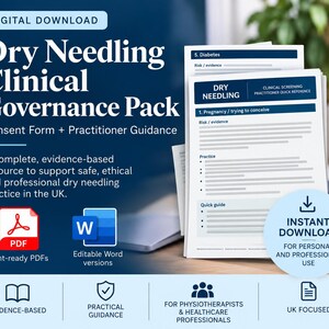 Puede incluir: Una descarga digital titulada Dry Needling Clinical Governance Pack, que incluye un formulario de consentimiento y guía para profesionales. El documento contiene secciones sobre diabetes y embarazo, con iconos de PDF y Word.