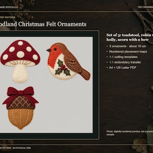 Felt Ornament Pattern, Woodland Christmas Set of 3, Toadstool Robin Acorn Felt Sewing PDF