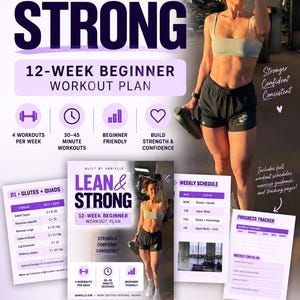 Puede incluir: Un plan de entrenamiento para principiantes de 12 semanas titulado Lean & Strong de Built by Danielle. El documento digital incluye un horario semanal, seguimiento de progreso y guías. Contiene texto morado, blanco e iconos.