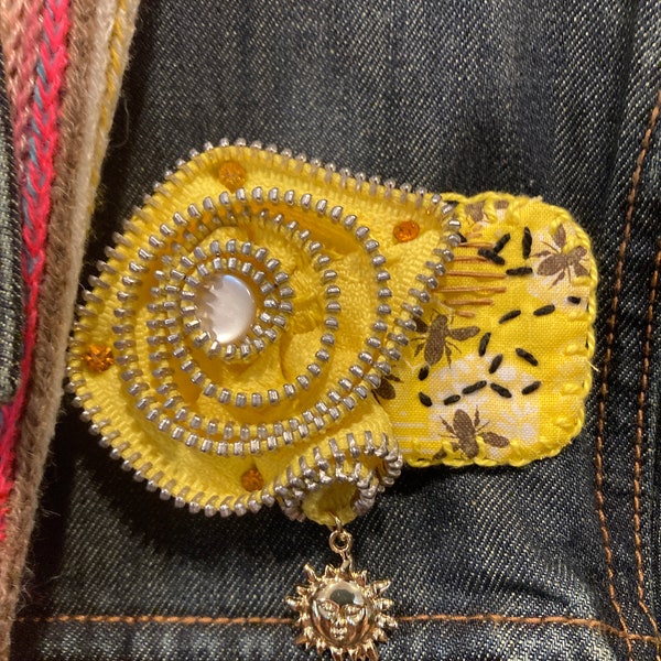 Mixed media Pin/Brooch wearable art zipper art