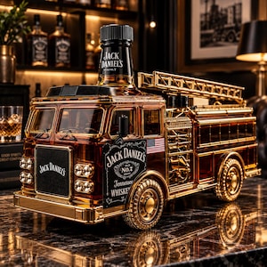 Könnte beinhalten: Eine Jack Daniel's Tennessee Whiskey Flasche in Form eines Feuerwehrautos. Das bernsteinfarbene Glasfahrzeug verfügt über einen schwarzen Kühlergrill mit dem Jack Daniel's Logo, eine Leiter auf dem Dach, goldfarbene Räder und eine kleine US-Flagge.