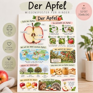 Può includere: Un poster educativo intitolato Der Apfel che mostra una sezione trasversale di una mela, un diagramma del ciclo di vita, una mappa mondiale delle regioni di coltivazione, cambiamenti stagionali, prodotti a base di mela e animali.