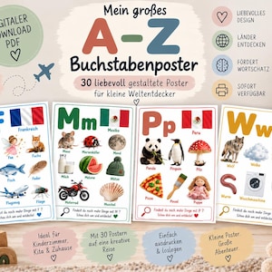 Könnte beinhalten: Ein digitales PDF-Download-Set mit 30 pädagogischen Buchstabenpostern für Kinder. Jedes Poster zeigt einen großen Buchstaben, eine Nationalflagge und verschiedene Illustrationen von Objekten, die mit diesem Buchstaben beginnen.