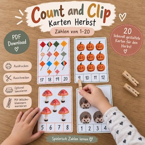 Pode incluir: Cartões educativos Count and Clip Karten Herbst para contar de 1 a 20. O conjunto inclui cartões imprimíveis com ilustrações de pipas, abóboras, cogumelos e ouriços, com sequências numéricas na parte inferior para marcar com molas.