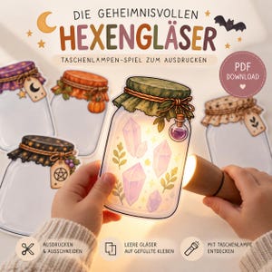 Könnte beinhalten: Ein druckbares PDF-Spiel mit dem Titel DIE GEHEIMNISVOLLEN HEXENGLÄSER, bestehend aus illustrierten Gläsern mit Deckeln, Anhängern und Kristallen. Ein Glas wird von einer Taschenlampe beleuchtet und enthüllt den Inhalt. Enthält Anleitungen zum Ausdrucken, Ausschneiden und Basteln.