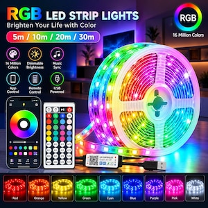 May include: RGB LED strip lights on a white plastic spool, featuring a USB-powered controller, a remote control, and a smartphone app interface. The lights display a spectrum of colors, with text labels indicating 16 million colors and 5m to 30m lengths.