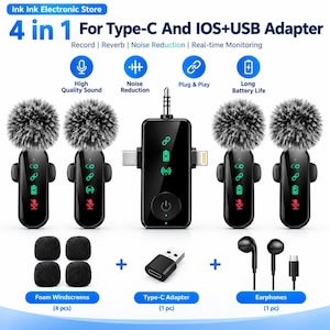 Puede incluir: Un set de micrófonos inalámbricos 4 en 1 que incluye cuatro transmisores negros con paravientos de pelo, un receptor central con conectores Tipo-C y Lightning, cuatro paravientos de espuma, un adaptador USB-C y un par de auriculares negros.