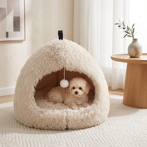 Puede incluir: Una cama para mascotas en forma de cúpula de color crema, hecha de material de piel sintética suave y peluda. La cama cuenta con un pequeño juguete de pompón blanco redondo que cuelga del interior superior y un asa de tela negra en la parte superior.