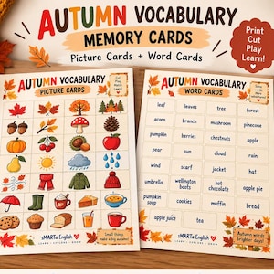 Puede incluir: Dos hojas imprimibles tituladas Autumn Vocabulary Memory Cards que presentan ilustraciones coloridas de elementos estacionales como hojas, calabazas y setas junto con tarjetas de palabras correspondientes para juegos educativos.