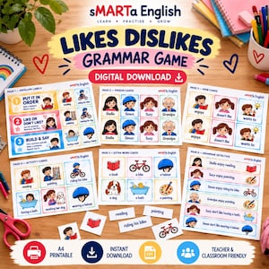 Op de afbeelding: Een digitaal downloadbaar grammaticaspel genaamd sMARTa English Likes Dislikes Grammar Game, bestaande uit zes printbare pagina's met kleurrijke illustraties van kinderen en volwassenen, werkwoordkaarten, persoonskaarten en activiteitenkaarten.