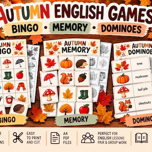 Może przedstawiać: Zestaw do druku w formacie PDF z grami jesiennymi do nauki angielskiego, obejmujący bingo, memory i domino. Pakiet zawiera kolorowe oraz czarno-białe arkusze z ilustracjami dyń, wiewiórek, grzybów i liści do ćwiczenia słownictwa.