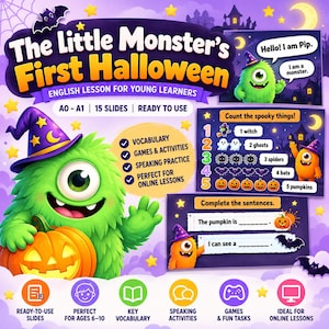Op de afbeelding: Een digitaal educatief hulpmiddel getiteld The Little Monster's First Halloween, met een groen eenogig monster in een paarse tovenaarshoed dat een pompoen vasthoudt. Het bevat dia's voor woordenschat, teloefeningen en zinsaanvullingen.