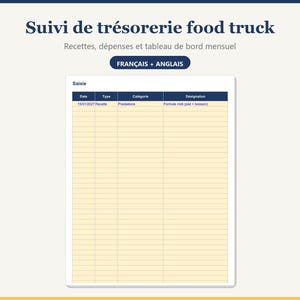 Peut inclure: Un modèle numérique de suivi de trésorerie pour food truck avec le titre Suivi de trésorerie food truck, Recettes, dépenses et tableau de bord mensuel, et FRANÇAIS + ANGLAIS. Le tableau contient les colonnes Date, Type, Catégorie et Désignation.