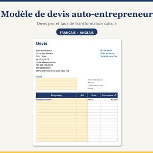 Puede incluir: Una plantilla digital para un presupuesto de auto-emprendedor con el texto Modèle de devis auto-entrepreneur, Devis pro et taux de transformation calculé y FRANÇAIS + ANGLAIS. El documento incluye campos para datos de contacto, información del cliente y una tabla para servicios.