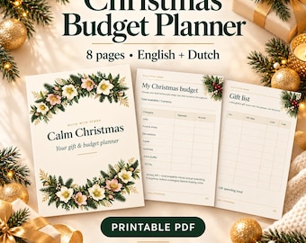 May include: A printable Christmas budget planner PDF featuring 8 pages in English and Dutch. The cover displays the text Calm Christmas and floral wreaths. Interior pages include tables for My Christmas budget and a Gift list in A4 and US Letter sizes.