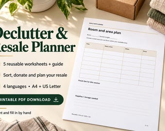 May include: A Declutter & Resale Planner printable PDF download featuring 5 reusable worksheets and a guide. The document includes a Room and area plan table with columns for Area, Next action, When, and Done, plus space for supplies.