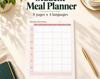 May include: A Student Meal Planner printable PDF document featuring a weekly grid with columns for breakfast, lunch, dinner, and snacks. The text reads Student Meal Planner, 8 pages, 4 languages, Weekly Meal Plan, and PRINTABLE PDF.