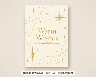 May include: A rectangular greeting card with a cream background featuring gold foil-style starbursts and thin, curved lines. The text reads Warm Wishes in large gold letters, followed by the smaller text for a beautiful holiday season.