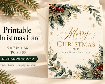 May include: A printable Christmas card featuring a cream background with a watercolor border of pine branches, pinecones, red berries, and gold stars. The text reads Merry Christmas and a Happy New Year in gold script and serif font.