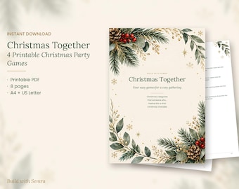 May include: A printable Christmas party game set titled Christmas Together, featuring four games including Christmas categories, Find someone who, Festive this or that, and Christmas charades, decorated with watercolor pine and berries.