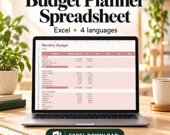May include: A laptop screen displays a Budget Planner Spreadsheet in Excel with columns for monthly budget and categories like income, fixed costs, and daily spending. The text reads Budget Planner Spreadsheet Excel 4 languages.