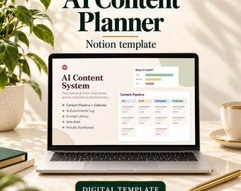 May include: A laptop screen displays an AI Content Planner Notion template with a dashboard titled AI Content System, featuring a content pipeline, idea bank, and results dashboard. The text DIGITAL TEMPLATE appears below the laptop.