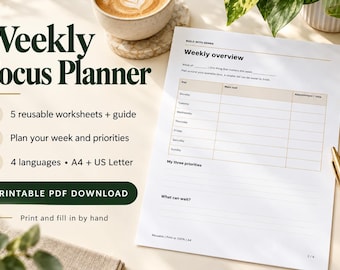 May include: A Weekly Focus Planner printable PDF document featuring a table for daily tasks and appointments, a section for three priorities, and a space for tasks that can wait. The page includes the text Weekly overview and Build with Semra.
