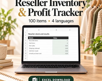 May include: A laptop displaying a Reseller Inventory & Profit Tracker spreadsheet with columns for metric and value. The screen shows text including Reseller stock and results, 100 items, 4 languages, and an Excel download button.