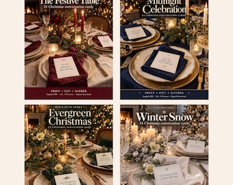 May include: Four sets of Christmas conversation cards titled The Festive Table, Midnight Celebration, Evergreen Christmas, and Winter Snow. Each set includes 24 cards featuring festive text, displayed on decorated dining tables.