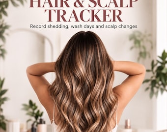 May include: A 30-day hair and scalp tracker printable PDF document. The text reads LUMORA, 30-DAY HAIR & SCALP TRACKER, Record shedding, wash days and scalp changes, and PRINTABLE PDF · INSTANT DOWNLOAD. The background features wavy brown hair.