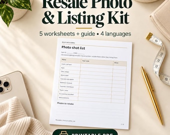 May include: A Resale Photo & Listing Kit featuring 5 worksheets and a guide. The central document is a Photo shot list with columns for notes and completion status. Includes a gold pen, a white measuring tape, and a smartphone.