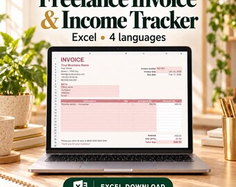 May include: A laptop screen displays a Freelance Invoice & Income Tracker spreadsheet template in Excel. The text reads Freelance Invoice & Income Tracker, Excel 4 languages, and Excel Download. The invoice form includes fields for business details, client info, and totals.