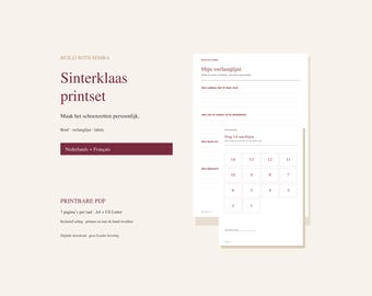 May include: A printable Sinterklaas set featuring a wish list and countdown calendar with dark red text on a light background. The document includes the text BUILD WITH SEMRA, Sinterklaas printset, Mijn verlanglijst, and Nog 14 nachtjes, with sections for handwritten notes and a numbered grid.