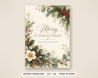 May include: A rectangular Christmas greeting card featuring a cream background with a botanical border of green pine needles, eucalyptus leaves, red berries, white flowers, and a pinecone. The text reads Merry CHRISTMAS and Warm wishes for the season.