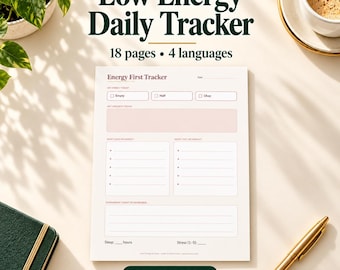 May include: A printable PDF daily tracker sheet titled Low Energy Daily Tracker with 18 pages and 4 languages. The form includes sections for date, energy levels, priorities, energy gains, energy losses, notes, sleep hours, and stress levels.