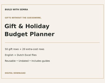 May include: A digital Gift & Holiday Budget Planner document with a cream background and dark text. It features the headings Build with Semra, Gifts without the guesswork, and Gift & Holiday Budget Planner, plus details on rows, file types, and features.
