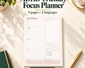 May include: A printable ADHD-Friendly Focus Planner document featuring sections for daily top tasks, time blocks for morning, afternoon, and evening, energy tracking, water intake, and habit checkboxes. The page includes the text ADHD-Friendly Focus Planner.