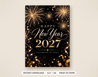 May include: A rectangular New Year greeting card featuring a black background with gold fireworks, gold ribbons, and confetti. The text reads HAPPY New Year 2027 CELEBRATE IN STYLE. The bottom includes text: INSTANT DOWNLOAD 5x7 + A6 PRINT AT HOME.