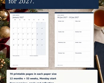 Planificador imprimible sencillo para 2027: mensual y semanal, con inicio en lunes.