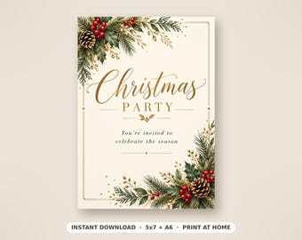 May include: A rectangular Christmas party invitation card featuring a cream background with a gold border. The text reads Christmas PARTY and You're invited to celebrate the season. Decorated with pine branches, holly berries, and pinecones.
