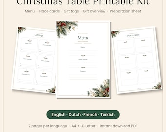 Christmas Table Printable Kit, Gift Tags, Menu and Place Cards, PDF in 4 Languages