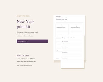 May include: A New Year print kit featuring printable PDF pages with text in English, French, Dutch, and Turkish. The kit includes templates for wishes, invitations, and reflection, with layouts for A4 and US Letter sizes for manual completion.