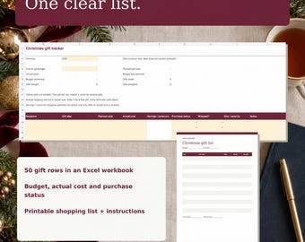 Planificador de presupuesto para regalos de Navidad en Excel: 50 regalos + lista de compras imprimible